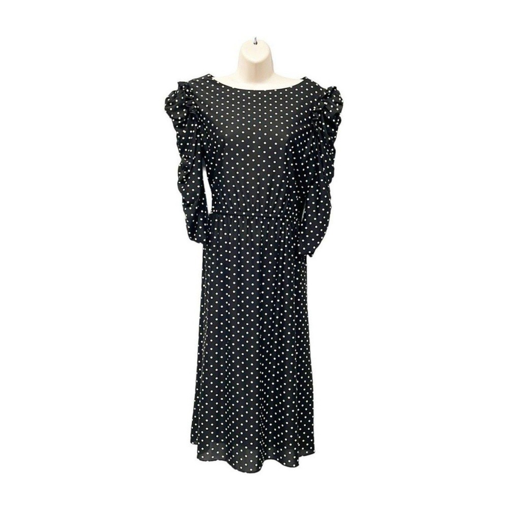 VTG 80s Polka Dot Midi Dress Sears JR Bazaar Puff Sleeve Black White Retro 15 16